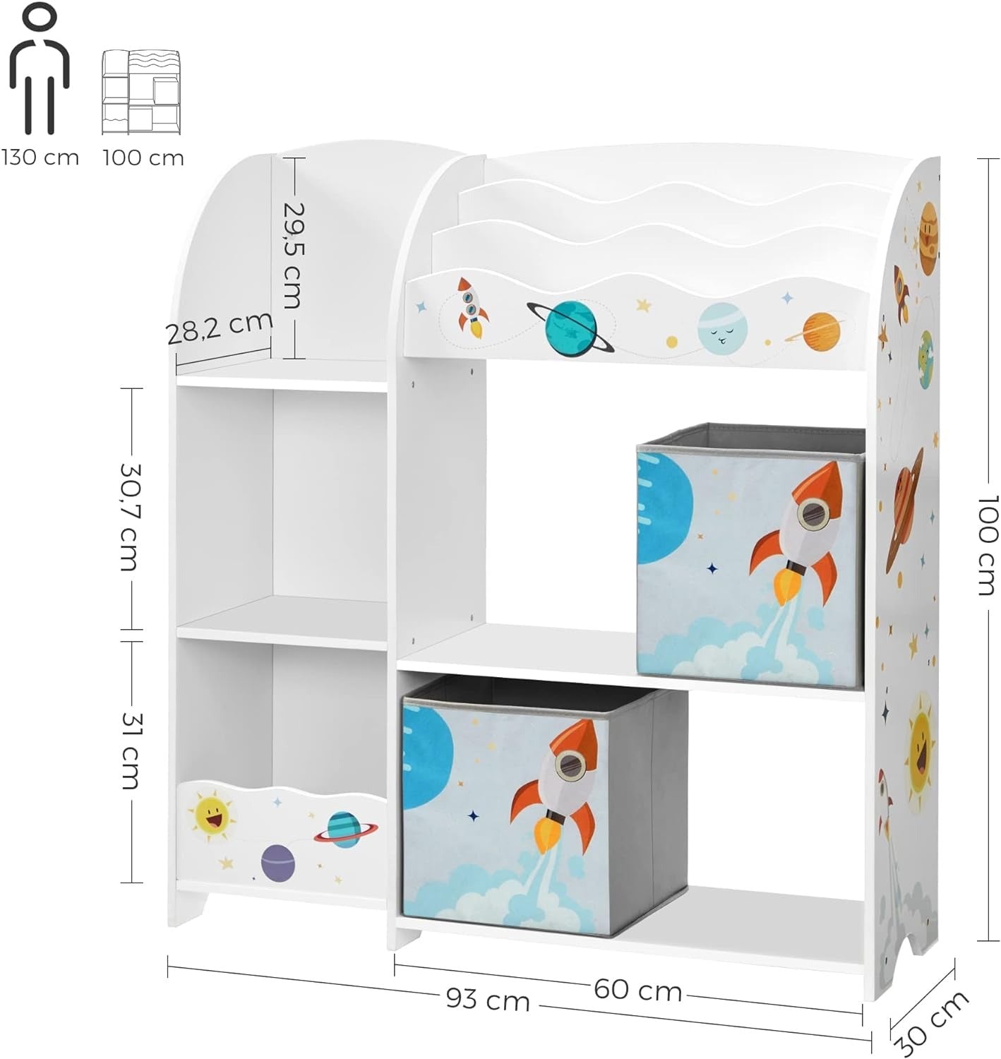 Organizator de jucarii si carti pentru copii, multifunctional cu 2 cutii de depozitare, 93x30x100cm, alb