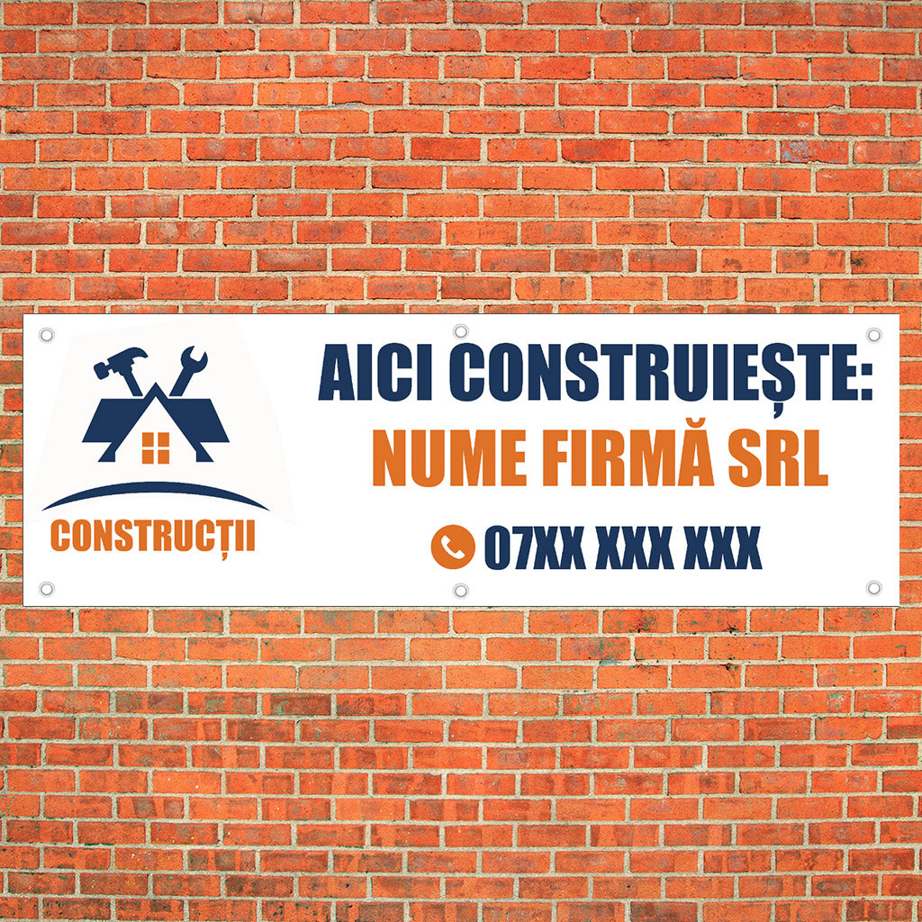 Banner Firma Constructii Aici Construieste, cu capse pe laturi - 100x300 cm