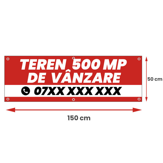 Banner Teren de Vanzare, 150x50cm, capse, personalizat