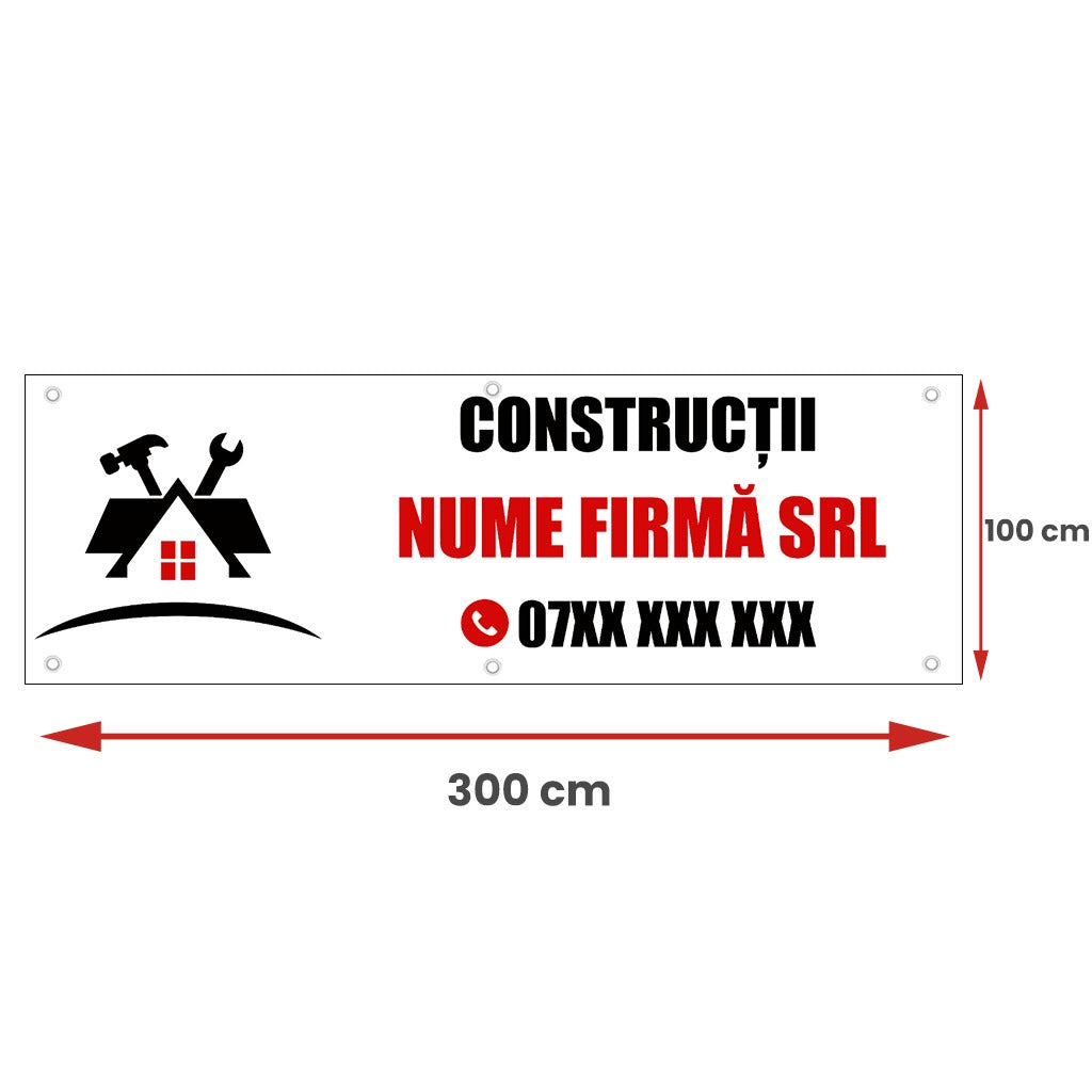 Banner Personalizat Firma Constructii, cu capse pe laturi - 100x300 cm