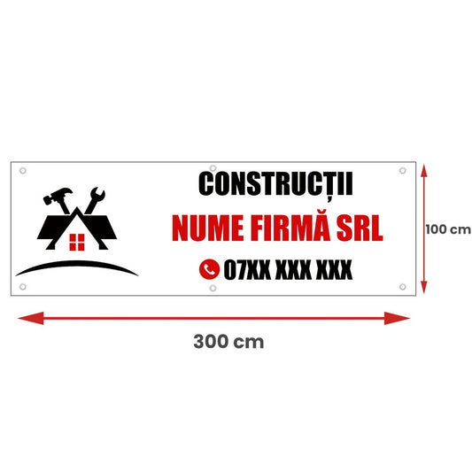 Banner Personalizat Firma Constructii, cu capse pe laturi - 100x300 cm