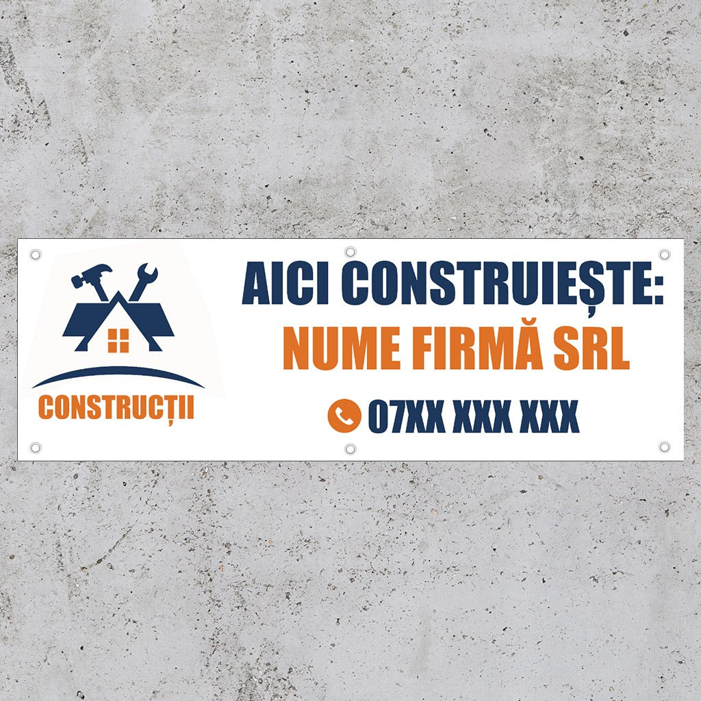 Banner Firma Constructii Aici Construieste, cu capse pe laturi - 100x300 cm