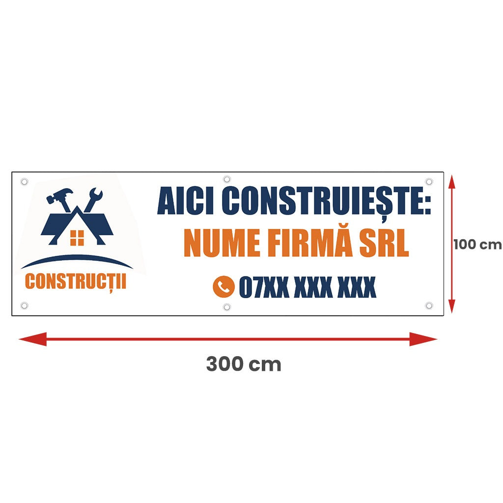 Banner Firma Constructii Aici Construieste, cu capse pe laturi - 100x300 cm