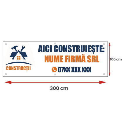 Banner Firma Constructii Aici Construieste, cu capse pe laturi - 100x300 cm