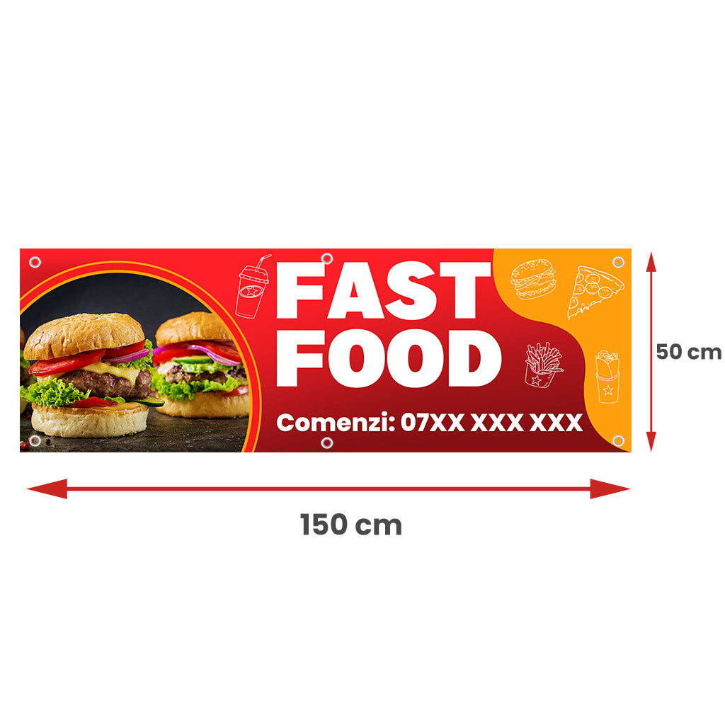 Banner Fast Food, 150x50cm, capse, personalizat