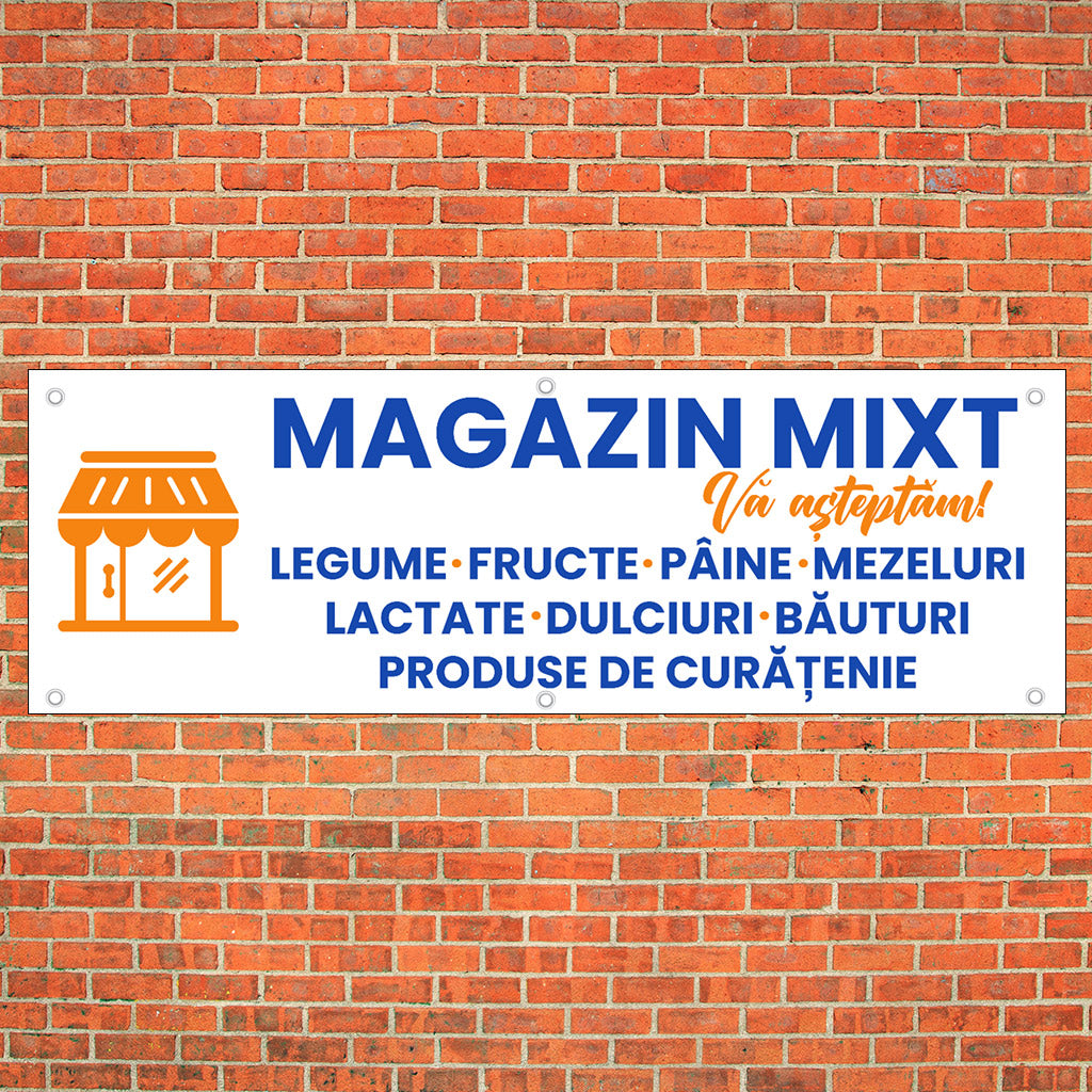 Banner Personalizat Magazin Mixt, cu capse pe laturi - 100x300 cm