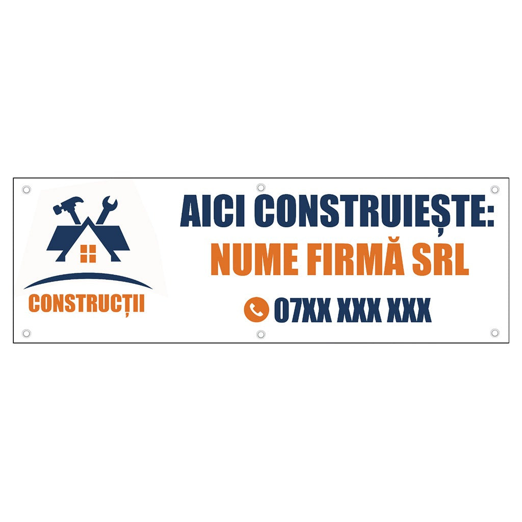 Banner Firma Constructii Aici Construieste, cu capse pe laturi - 100x300 cm