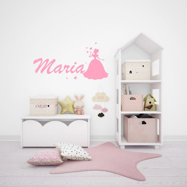 Sticker Personalizat Camera Fetite cu Nume si Printesa, Alb/Roz, Oracal - S - 45x23CM